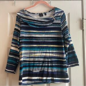 Rafaella Large Multicolor 3/4 Sleeve Boat Neck Top Silver Detail